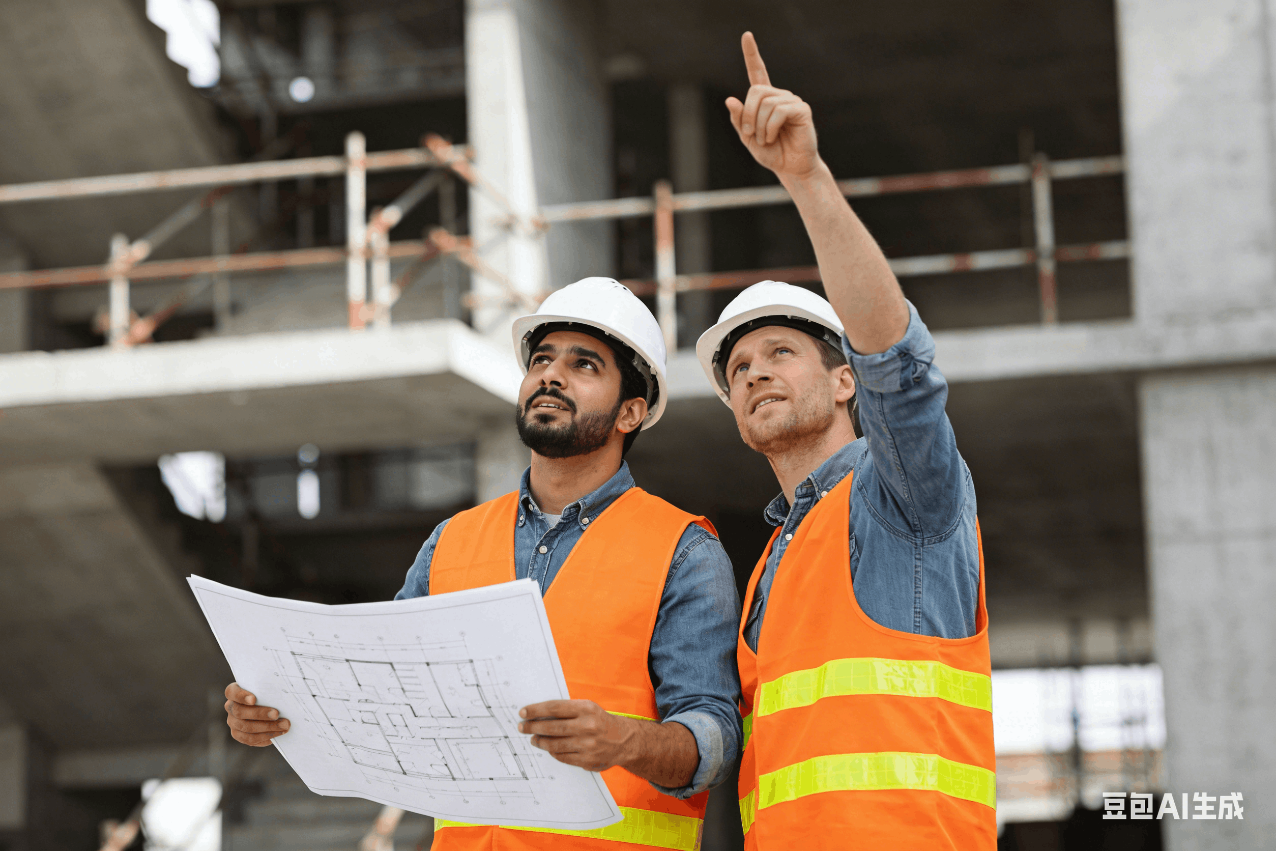 Two construction workers looking at blueprints